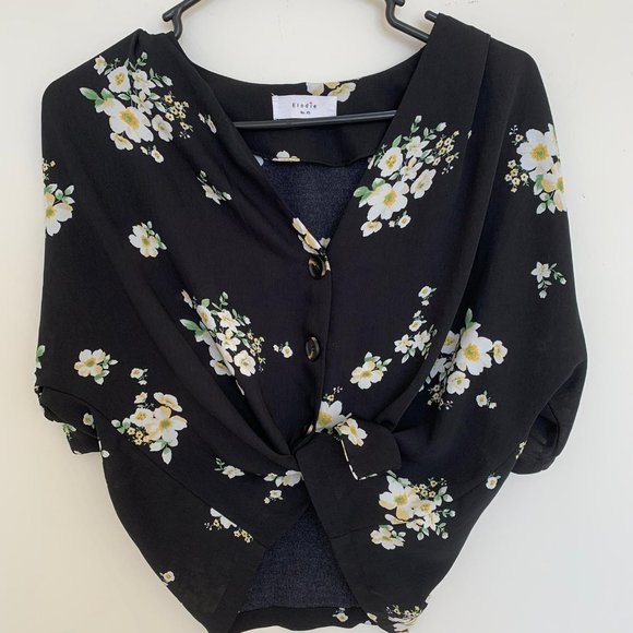 Elodie Tops - Eloise Woman V Neck Black Floral Pattern Blouse XS